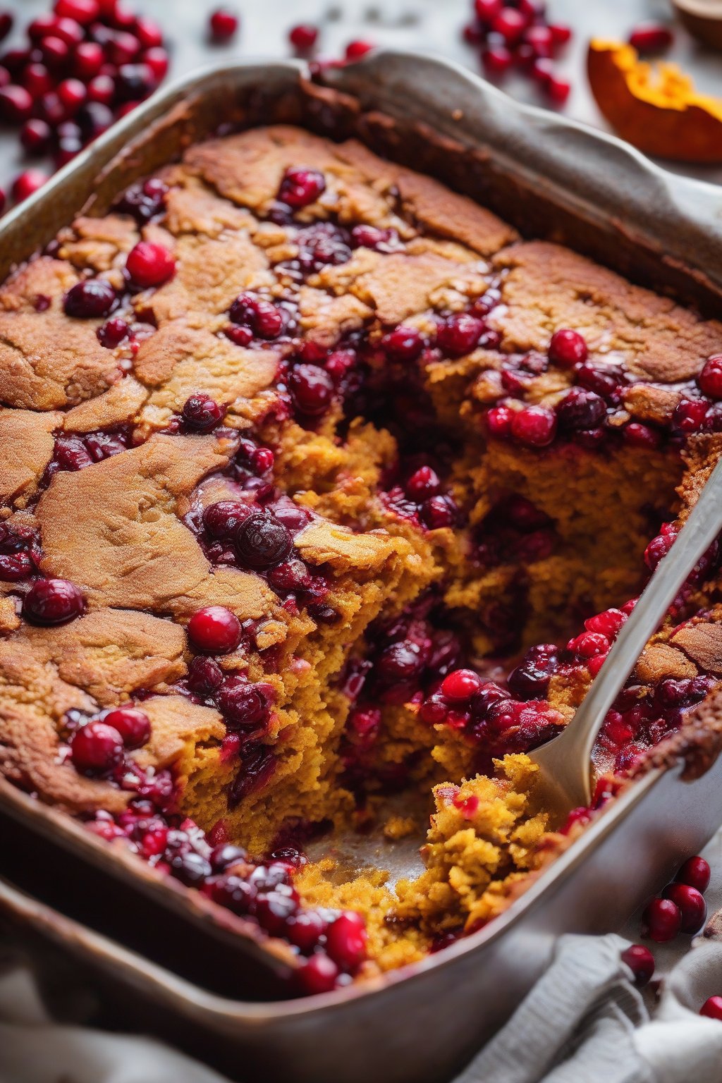A high-resolution photo of cranberry pumpkin dump cake dotted with red berries in gooey layers, under soft lighting.