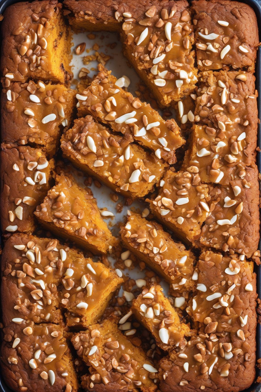 A high-resolution photo of toffee pumpkin dump cake with crunchy bits on top and inside, under soft lighting.