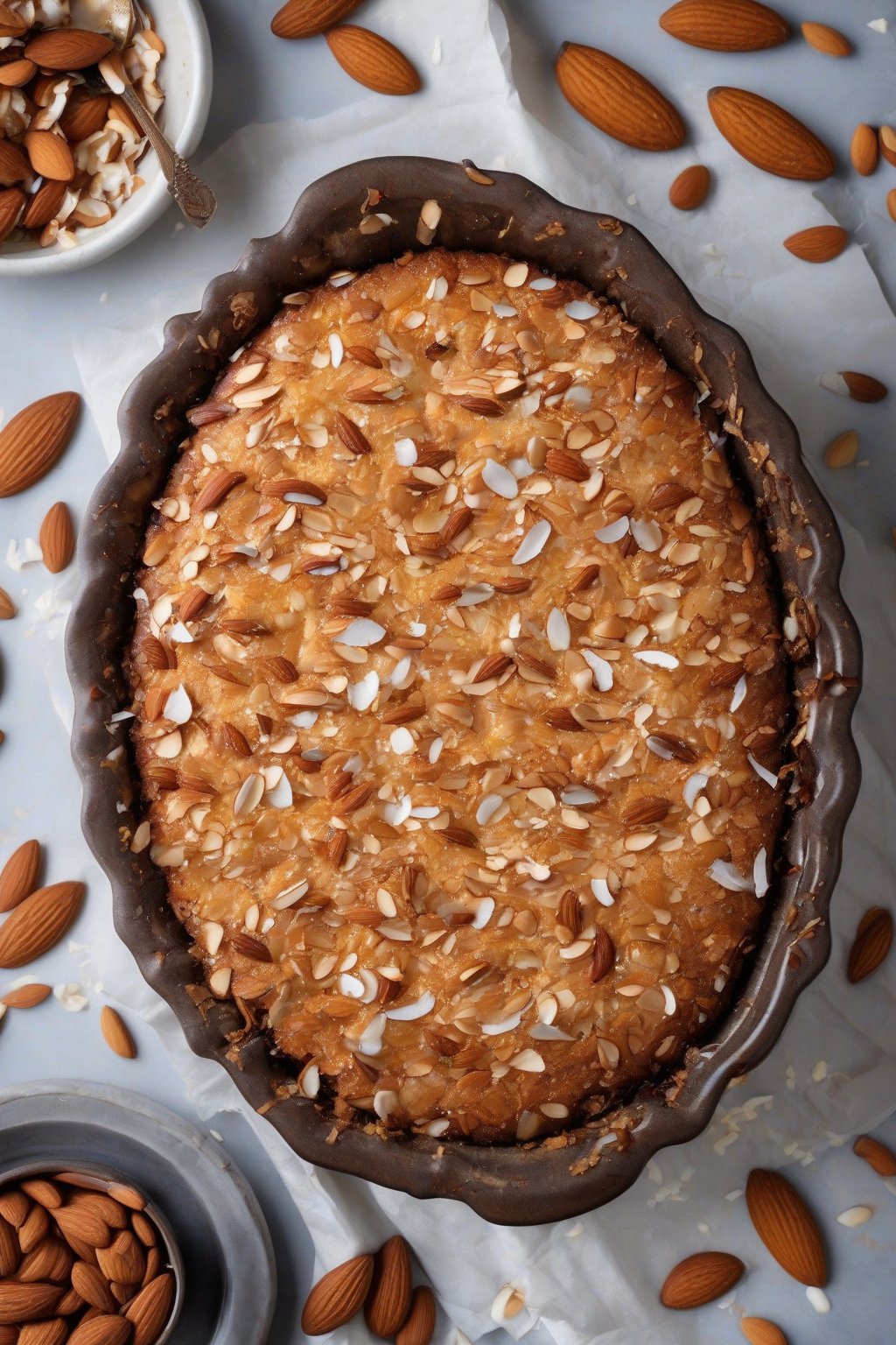 A high-resolution photo of almond joy pumpkin dump cake topped with coconut and almonds, under soft lighting.