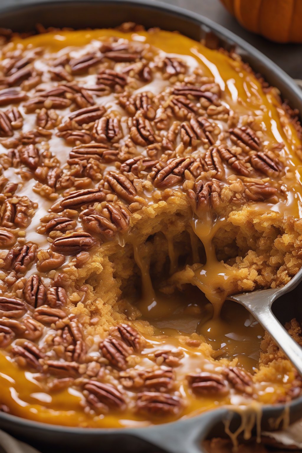 A high-resolution photo of maple pecan pumpkin dump cake dripping with syrupy glaze, under soft lighting.