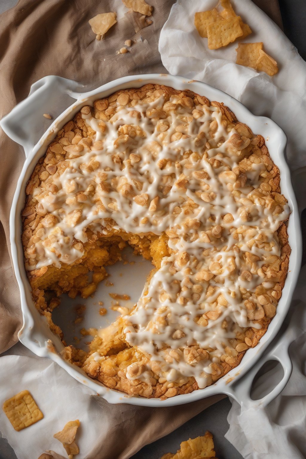 A high-resolution photo of white chocolate pumpkin dump cake with melty chips throughout, under soft lighting.