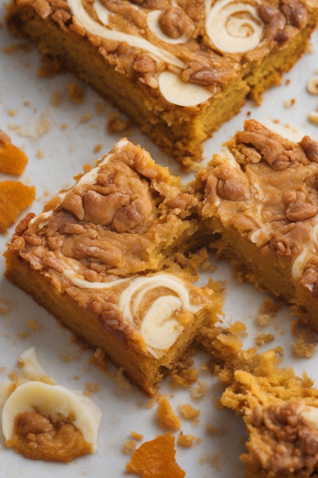 A high-resolution photo of banana pumpkin dump cake slice showing fruity swirls, under soft lighting.