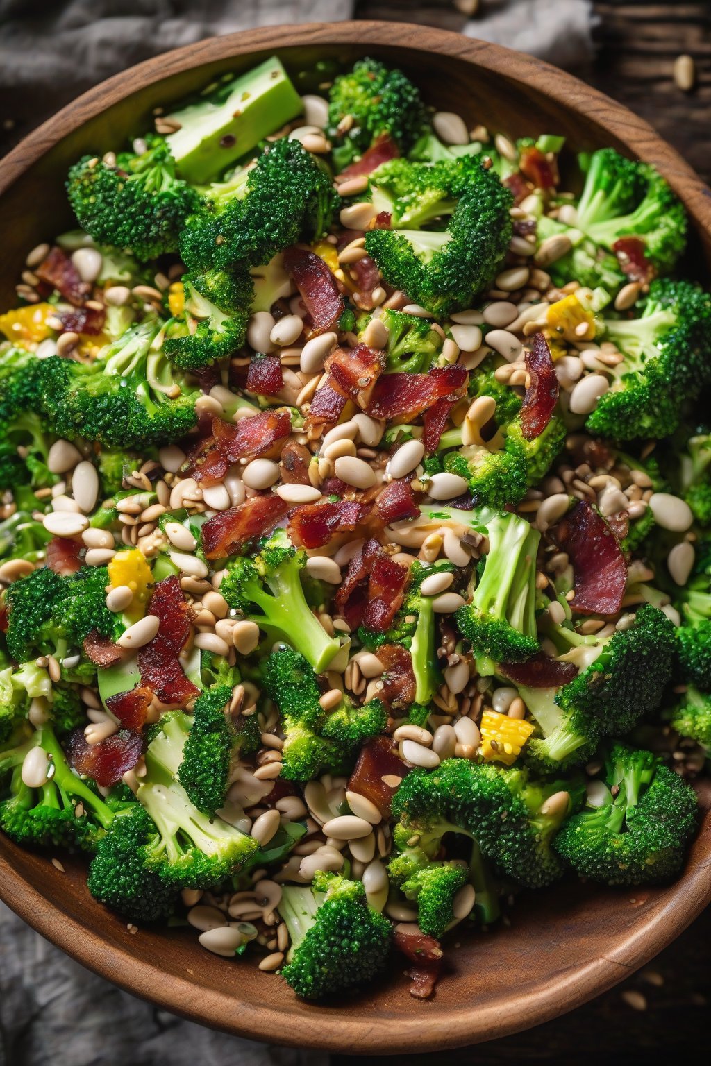 A high-resolution photo of sunflower seed bacon broccoli salad sprinkled with seeds, in a rustic bowl, under soft lighting.