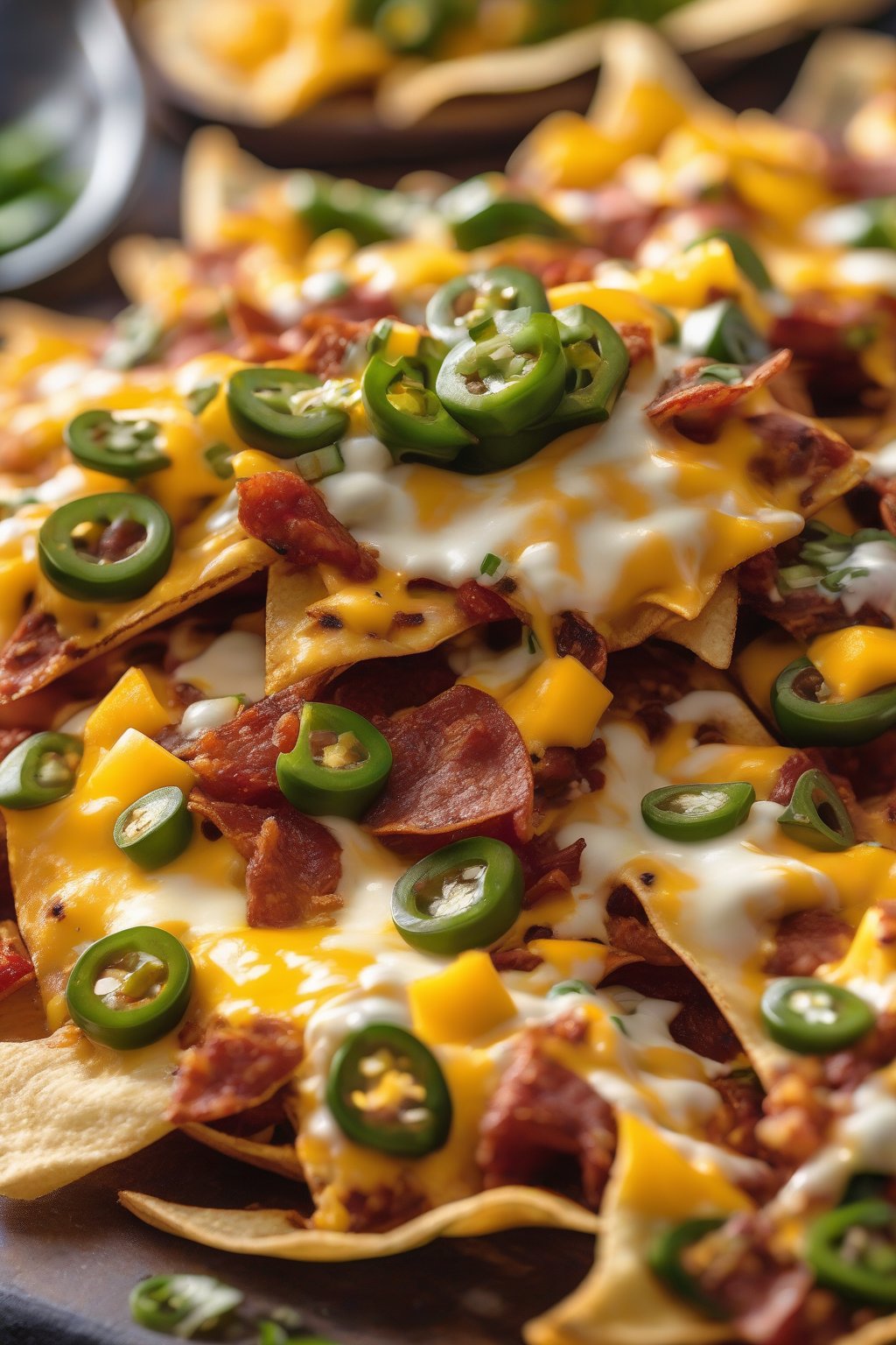 A close-up photo of chorizo nachos with melted cheese, mango salsa, and jalapeños under soft lighting.