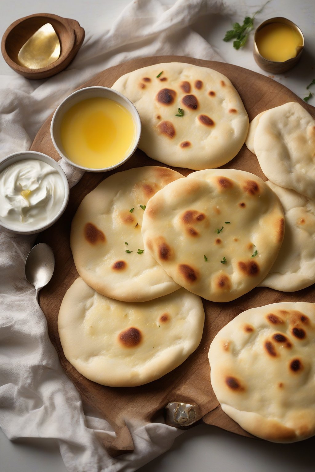 A high-resolution photo of golden, pillowy classic yogurt naan brushed with melted butter, steam rising, under soft lighting.
