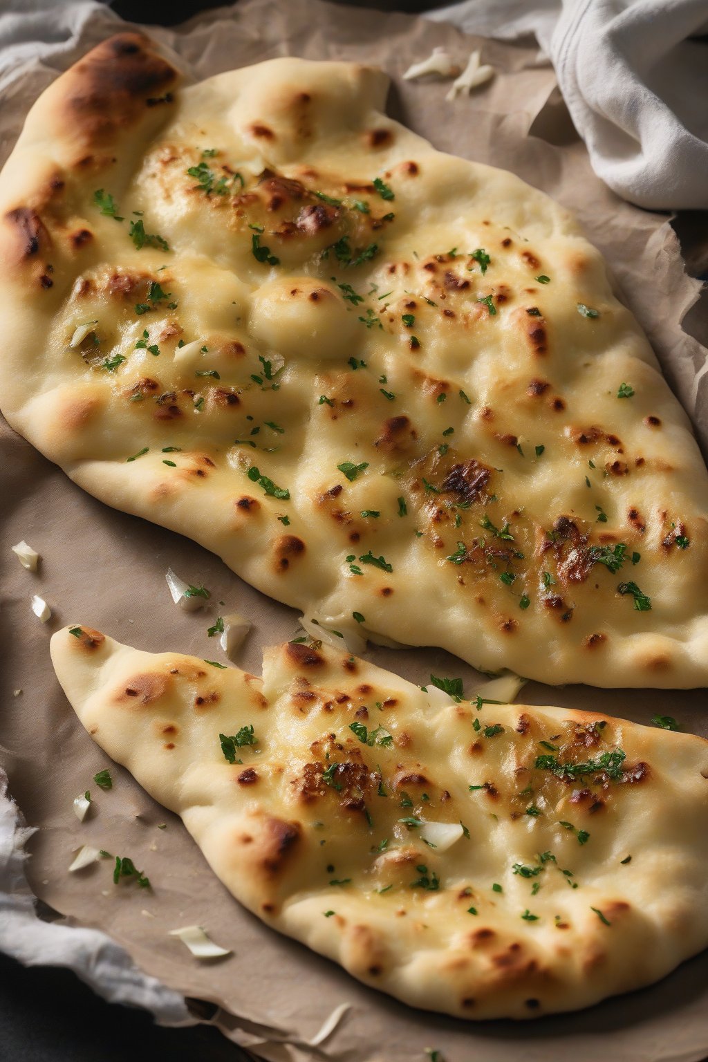 A high-resolution photo of garlic butter naan with crispy edges, melted garlic topping glistening, under soft lighting.