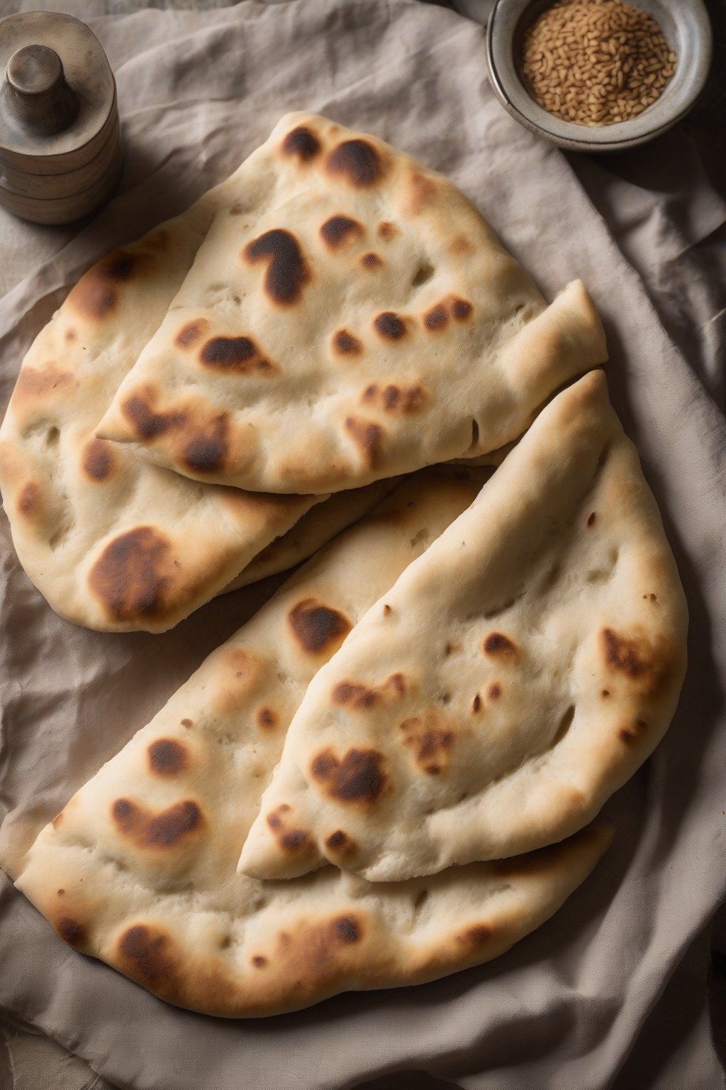 A high-resolution photo of fluffy whole wheat naan with rustic texture and subtle browning, under soft lighting.