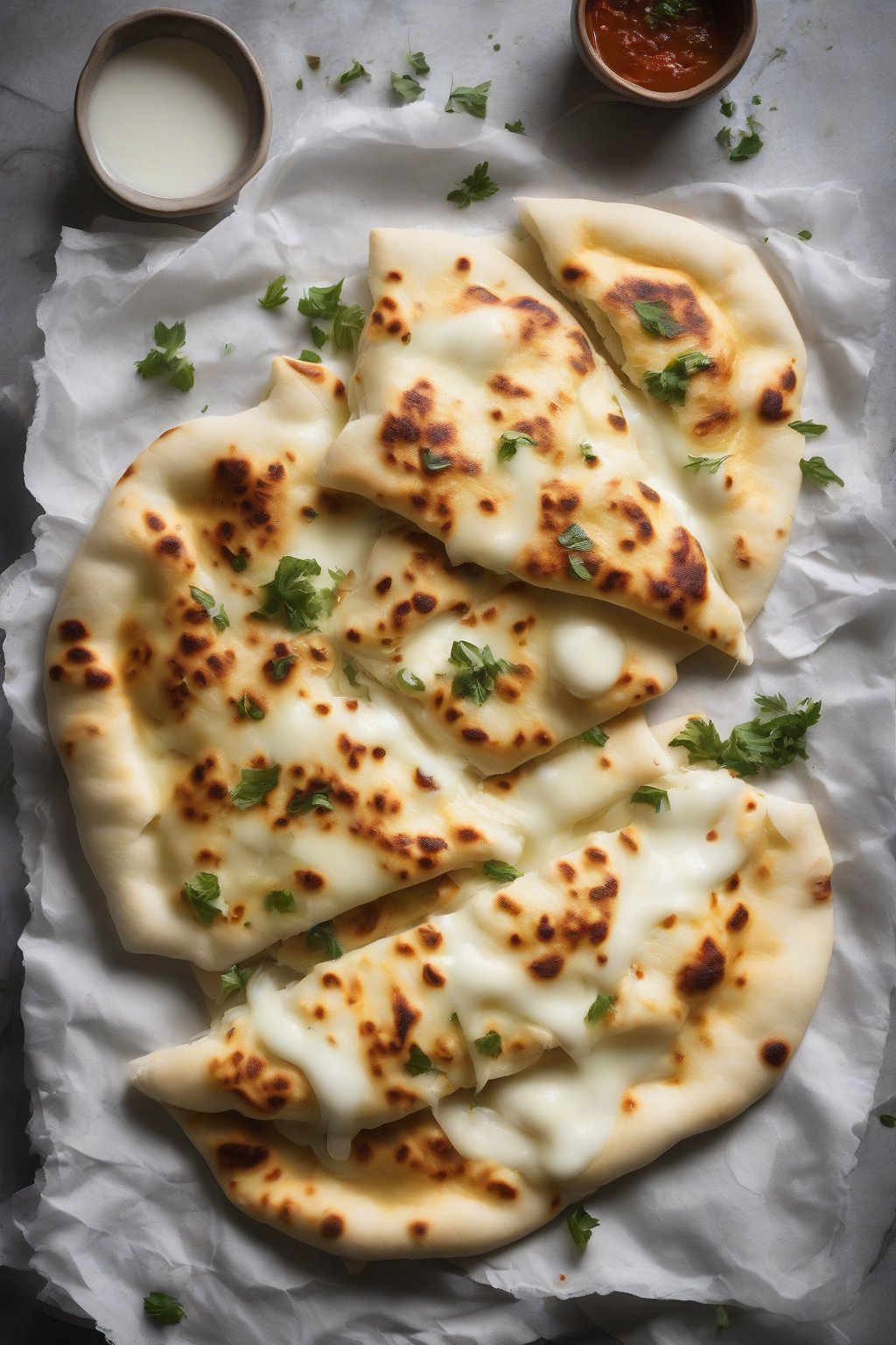 A high-resolution photo of cheesy stuffed naan with strings of melted mozzarella pulling apart, under soft lighting.