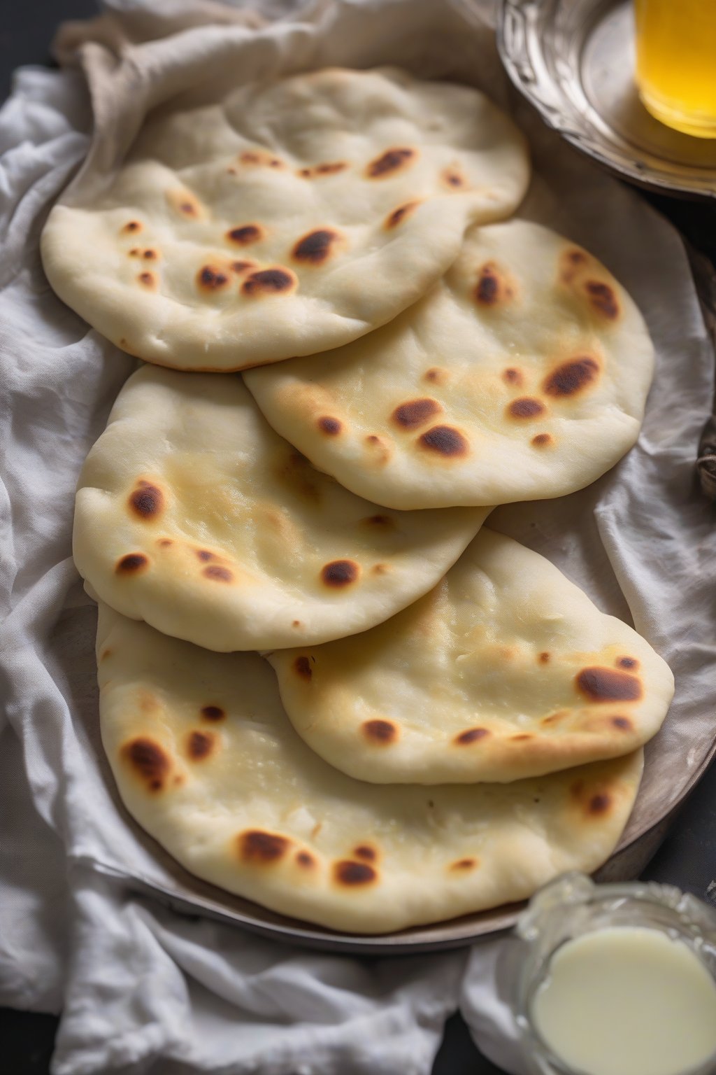 A high-resolution photo of milk naan glistening with ghee, puffed high with soft folds, under soft lighting.