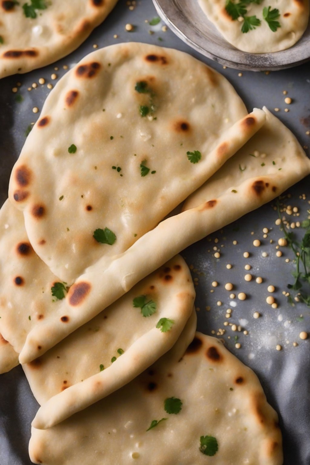 A high-resolution photo of eggless naan with light golden bubbles and vegan softness, under soft lighting.
