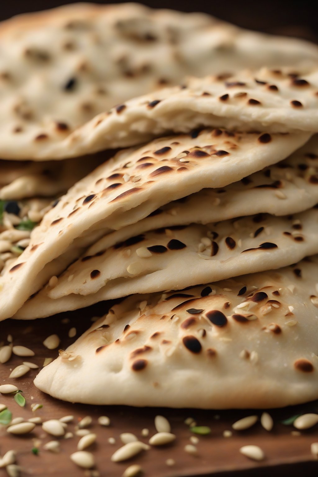 A high-resolution photo of sesame-crusted naan with shiny seeds and fluffy interior, under soft lighting.