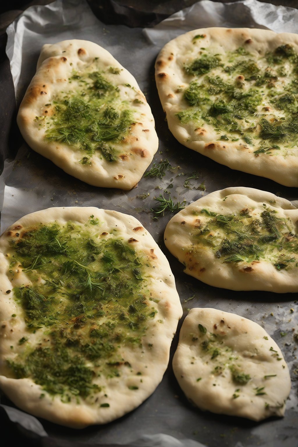 A high-resolution photo of green-flecked herb naan steaming fresh off the pan, under soft lighting.