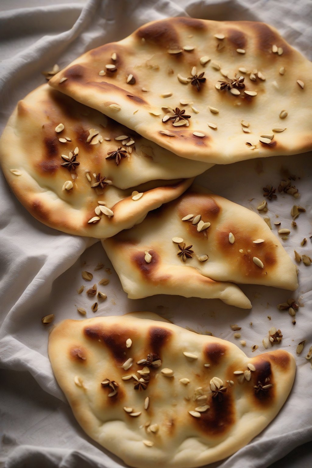 A high-resolution photo of honey-glazed sweet naan dusted with cardamom, soft and inviting, under soft lighting.