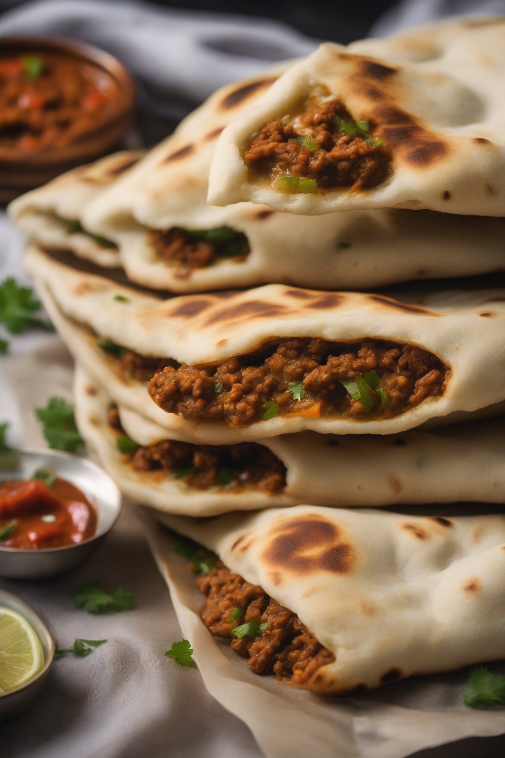 A high-resolution photo of keema-stuffed naan with spiced filling peeking out, under soft lighting.