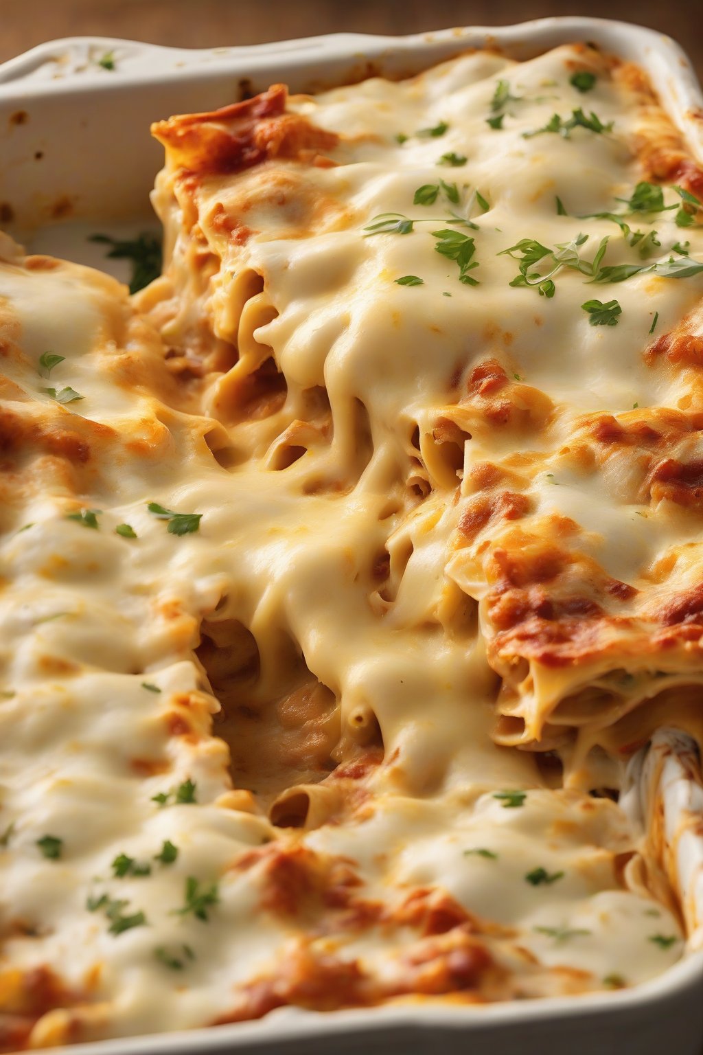 A high-resolution close-up photo of classic creamy chicken lasagna, golden cheese layers pulled apart revealing chicken and sauce, under soft lighting.