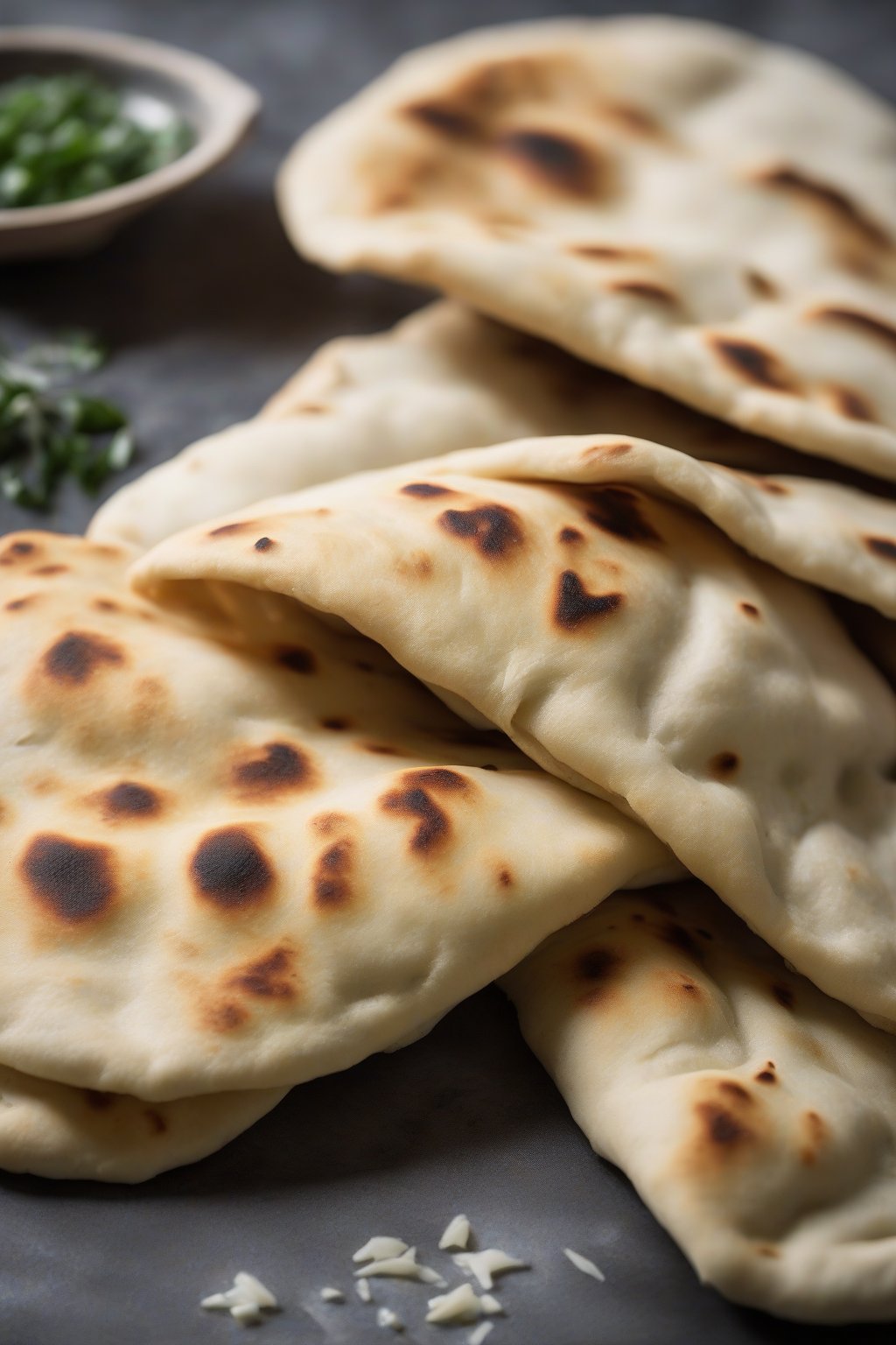 A high-resolution photo of gluten-free naan folded flexibly with light char, under soft lighting.