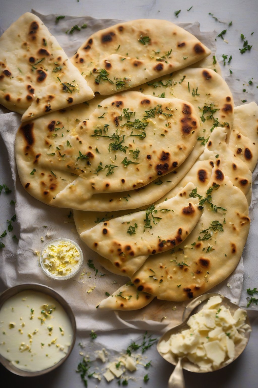 A high-resolution photo of butter naan sprinkled with fenugreek, pooling golden butter, under soft lighting.