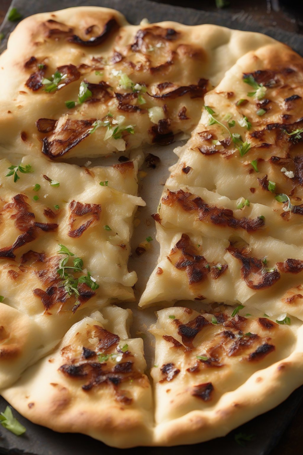 A high-resolution photo of onion-topped naan with caramelized edges and soft center, under soft lighting.