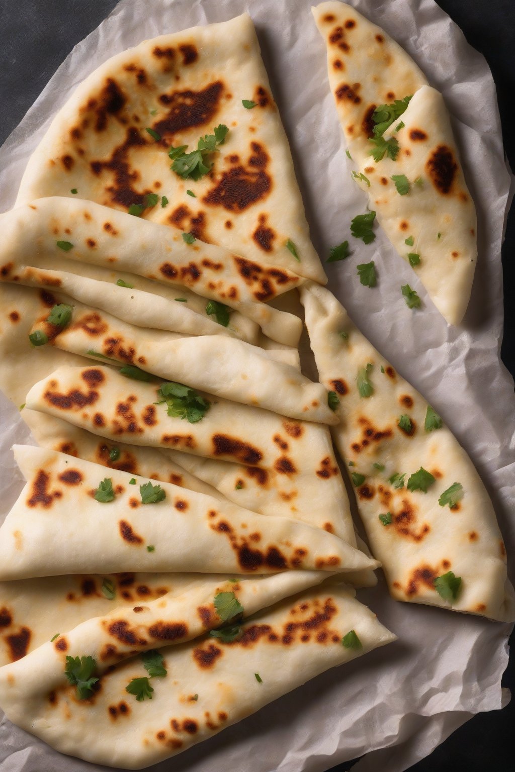 A high-resolution photo of rolled paneer naan sliced to show creamy filling, under soft lighting.