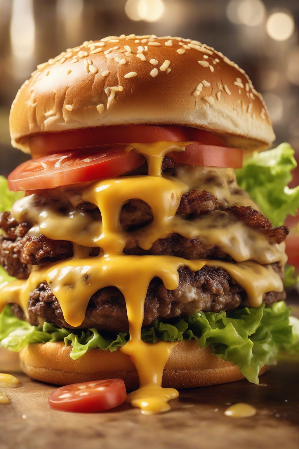 A high-resolution photo of a classic cheese smash burger with melted American cheese dripping over crispy edges, topped with lettuce and tomato on a toasted bun, under soft lighting.