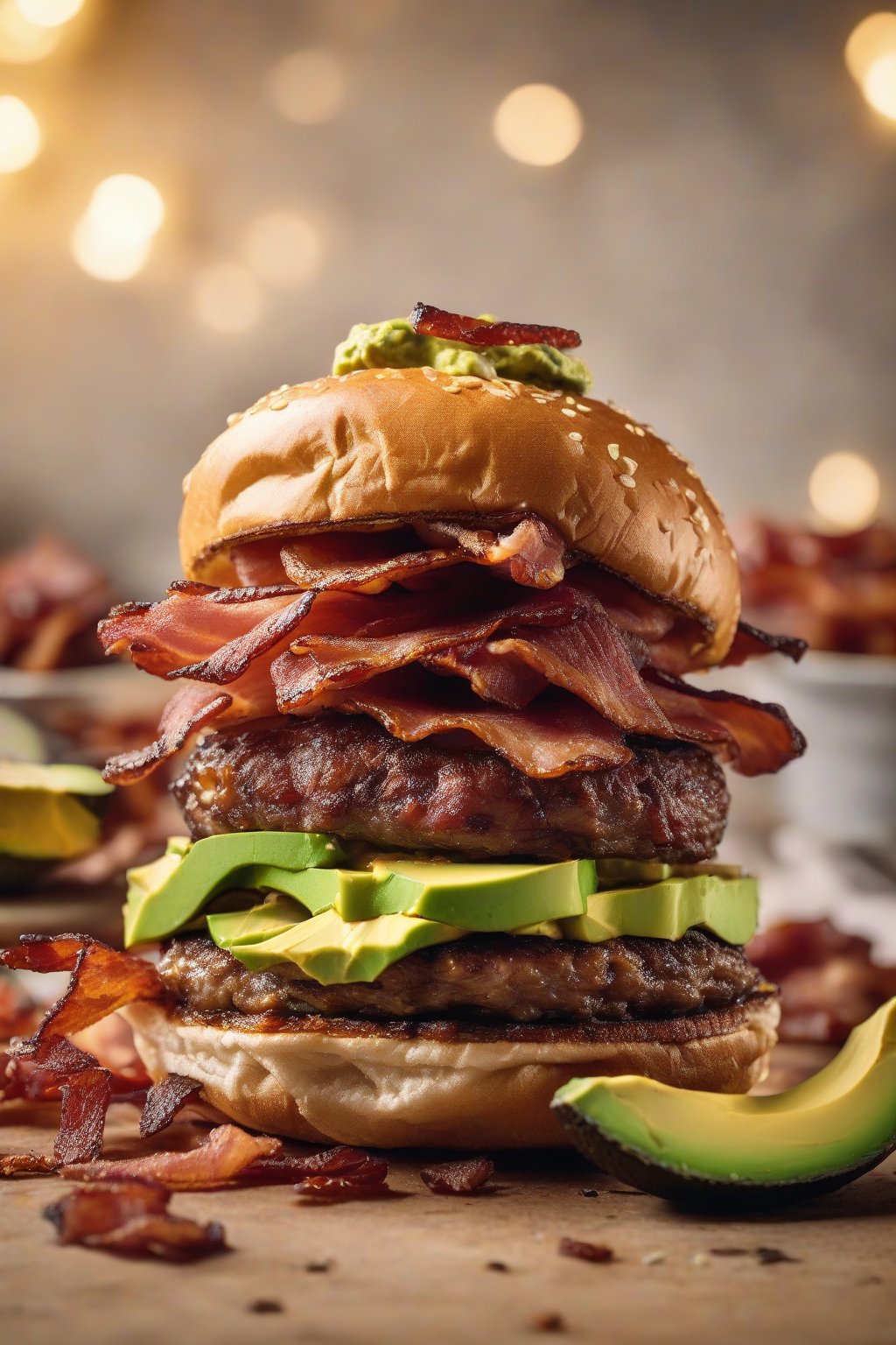 A high-resolution photo of a bacon avocado smash burger stacked high with crispy bacon strips and fresh avocado slices on a golden patty, under soft lighting.