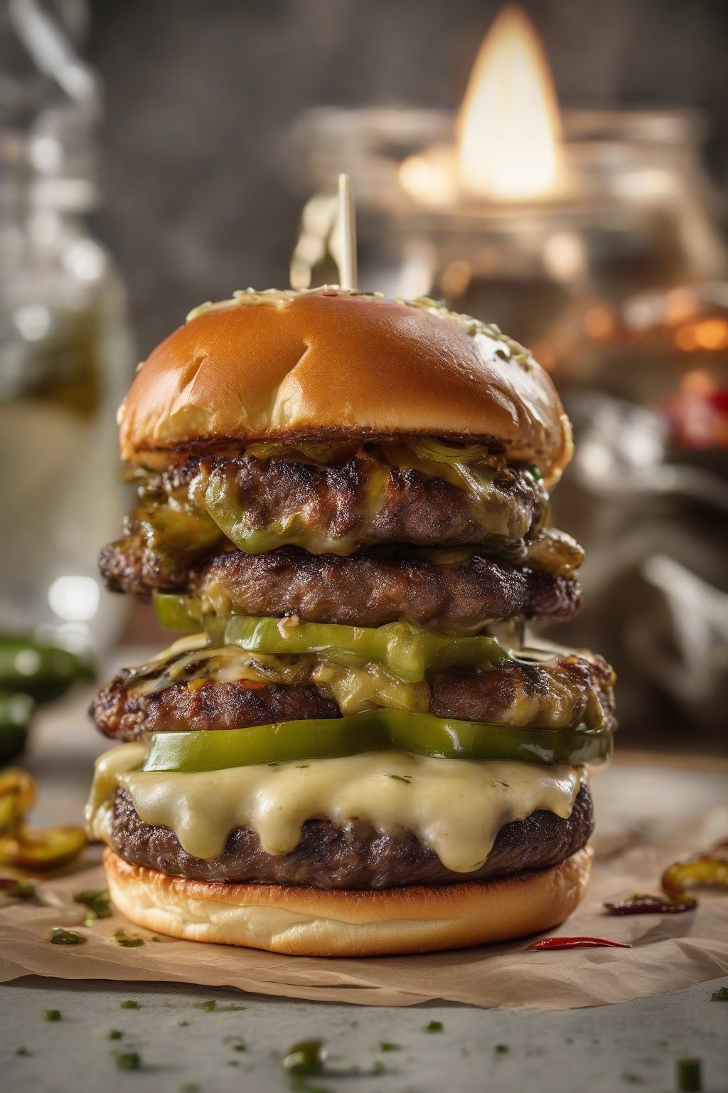 A high-resolution photo of a spicy jalapeño smash burger with gooey pepper jack cheese and charred jalapeño rings atop the crispy patty, under soft lighting.