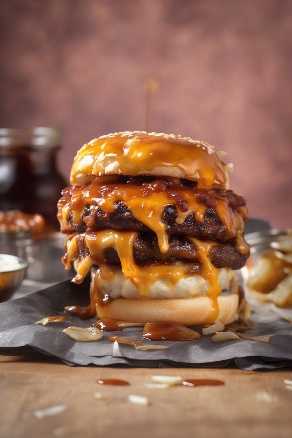 A high-resolution photo of a BBQ onion smash burger piled with caramelized onions and BBQ sauce glaze over melted cheddar, under soft lighting.
