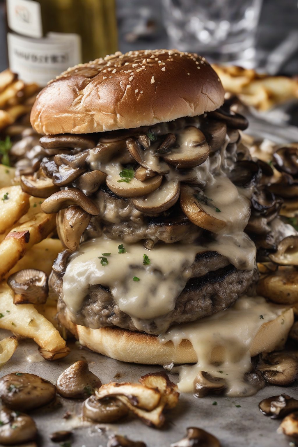 A high-resolution photo of a mushroom Swiss smash burger with sautéed mushrooms spilling over bubbly Swiss cheese on a seared patty, under soft lighting.