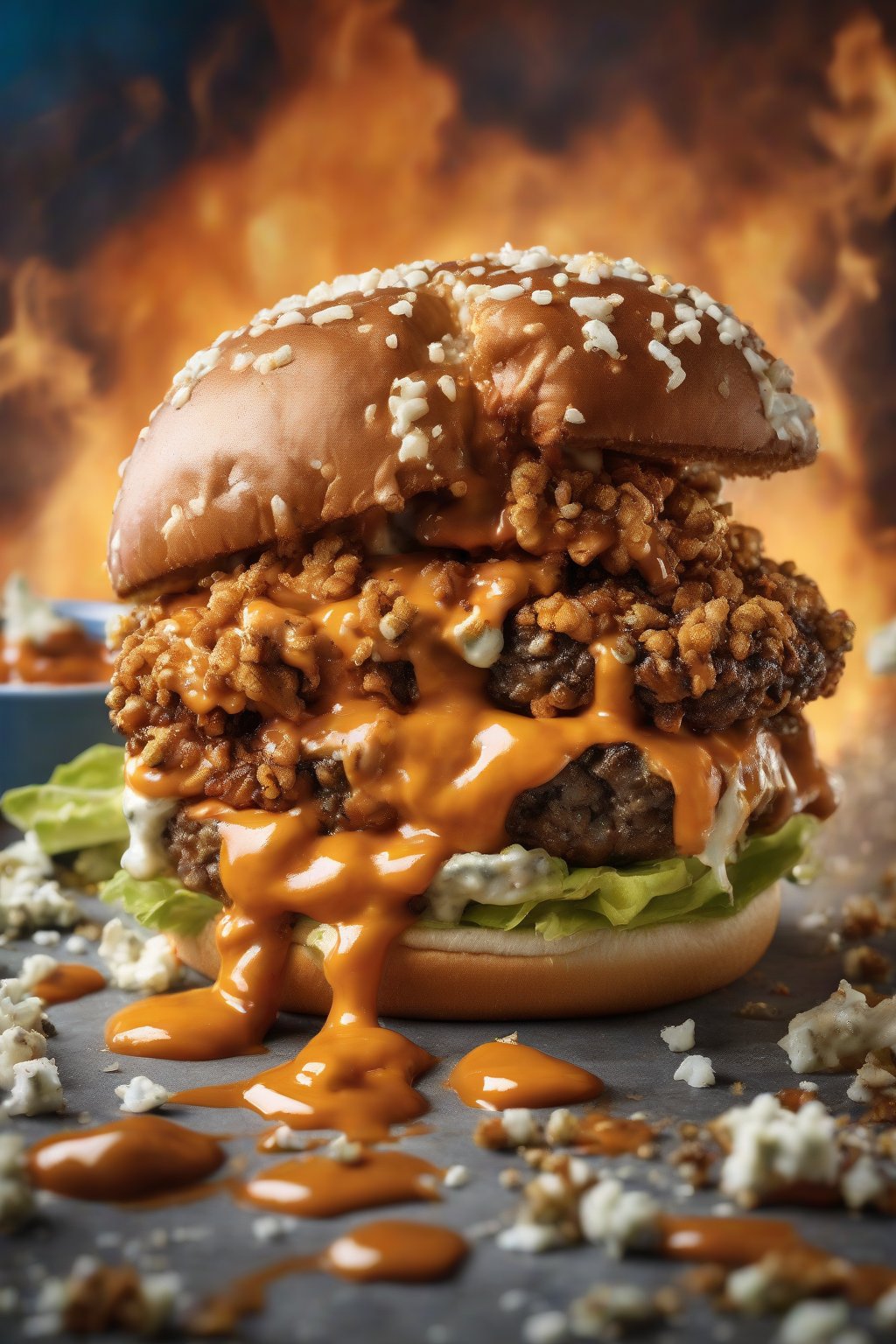 A high-resolution photo of a blue cheese buffalo smash burger with fiery sauce and melting crumbles on a juicy patty, under soft lighting.