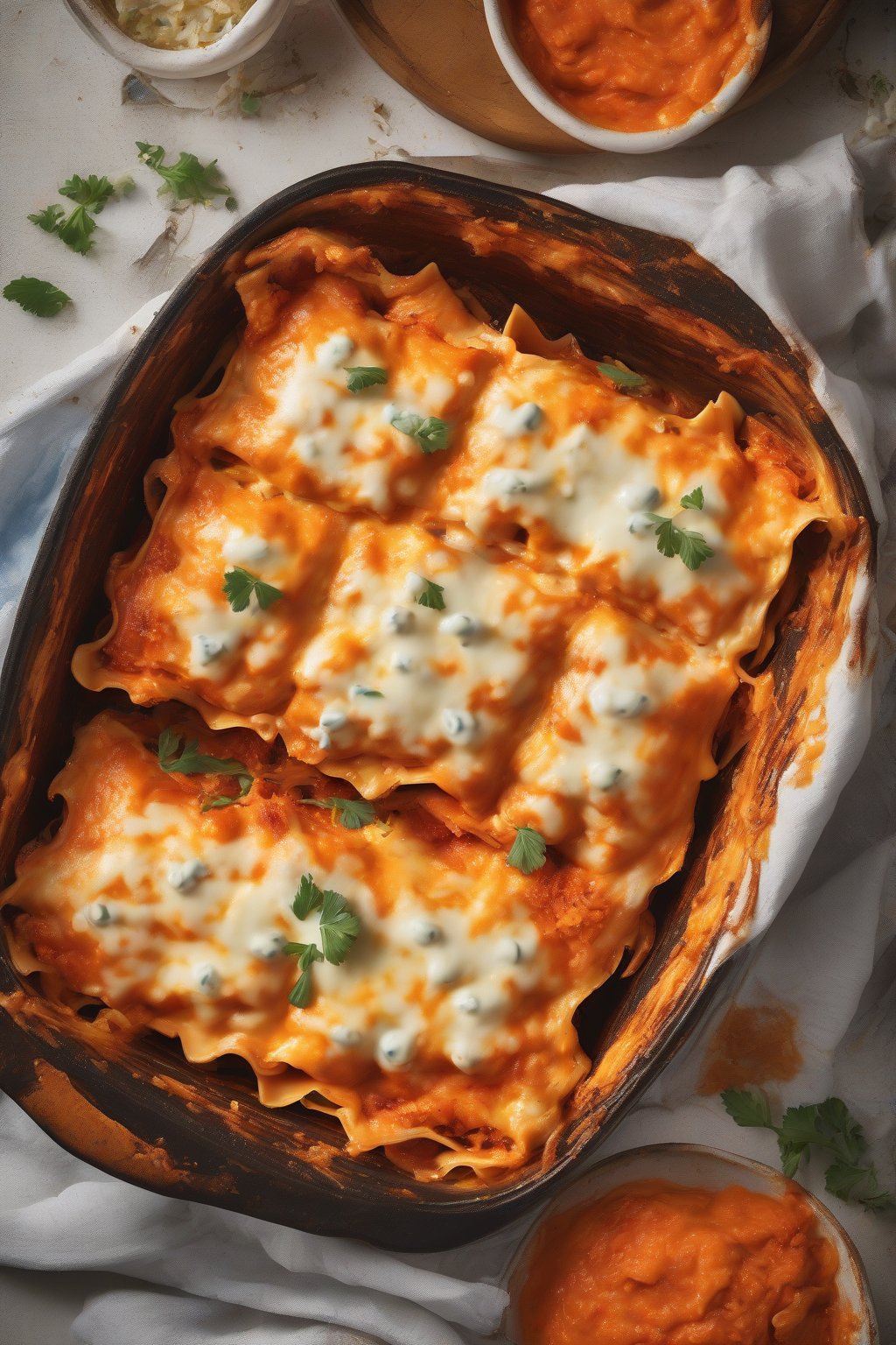 A high-resolution close-up photo of spicy buffalo chicken lasagna, fiery orange layers with melted blue cheese oozing, under soft lighting.