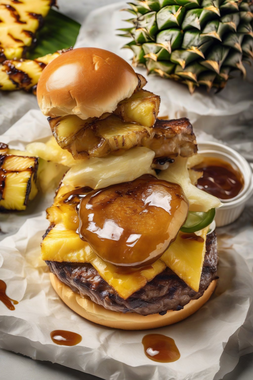 A high-resolution photo of a Hawaiian pineapple smash burger with grilled pineapple rings and teriyaki glaze over Swiss cheese, under soft lighting.