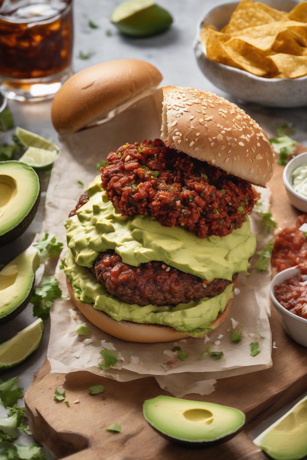 A high-resolution photo of a Mexican chorizo smash burger topped with crumbled cotija and creamy avocado under soft lighting.