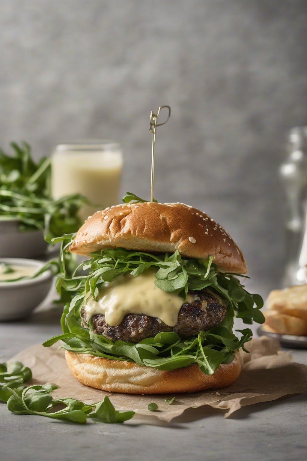 A high-resolution photo of a truffle aioli smash burger with oozing Gruyère and peppery arugula on a crusty patty, under soft lighting.