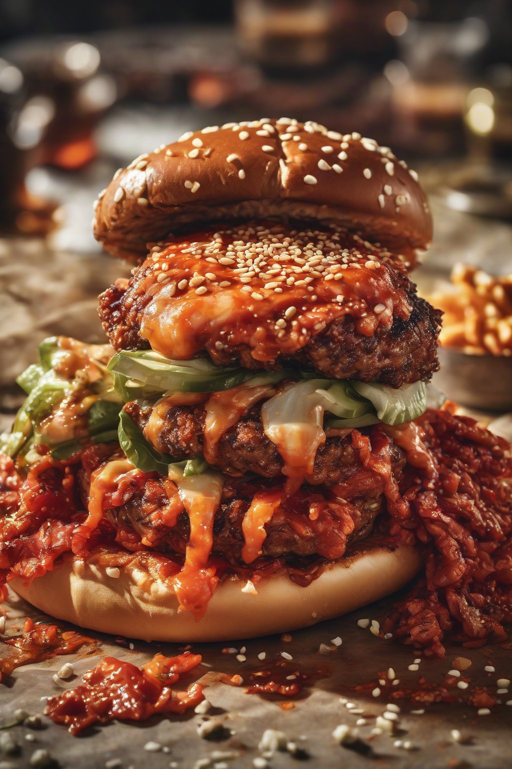A high-resolution photo of a kimchi smash burger bursting with red kimchi bits and sesame seeds on a sizzling patty, under soft lighting.