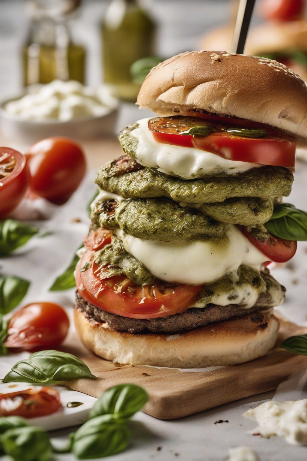 A high-resolution photo of a pesto Caprese smash burger with melted mozzarella, vibrant pesto swirls, and tomato slices, under soft lighting.