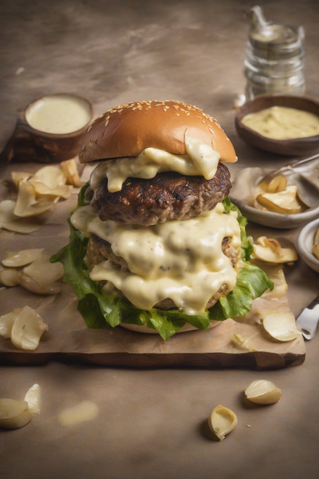 A high-resolution photo of a garlic aioli smash burger with golden provolone and roasted garlic cloves, under soft lighting.