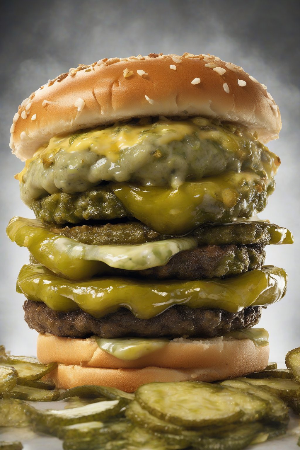 A high-resolution photo of a pickle lovers smash burger stacked with fried pickle chips and extra dill slices oozing cheese, under soft lighting.
