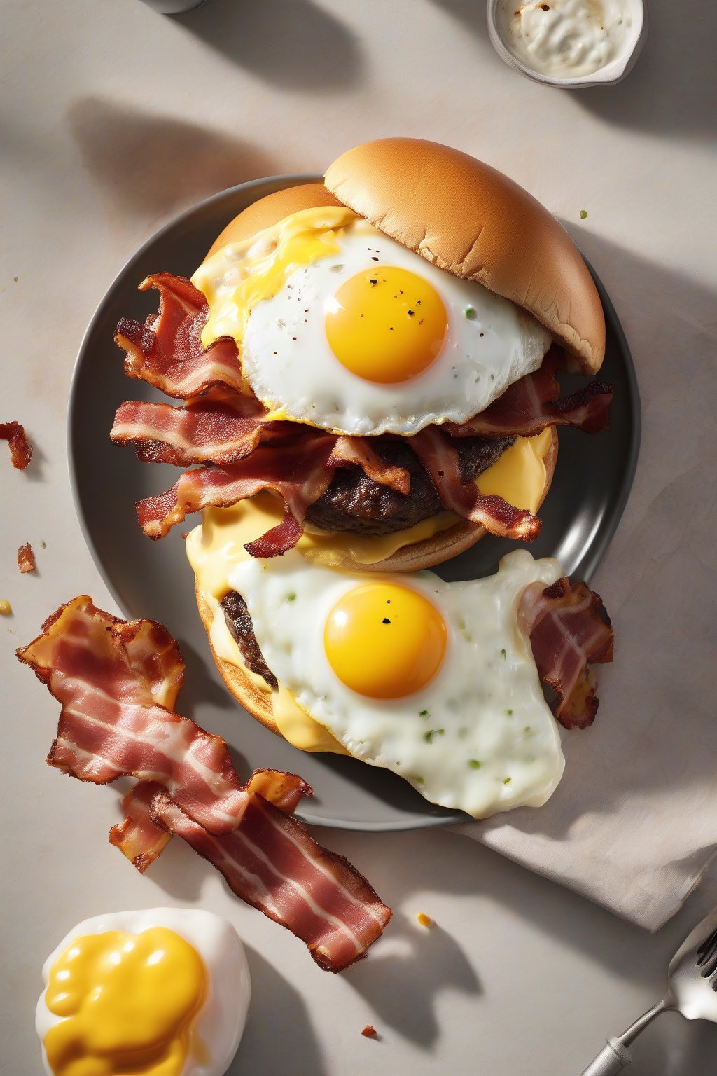 A high-resolution photo of a breakfast smash burger crowned with a sunny-side-up egg and bacon over melted cheddar, under soft lighting.