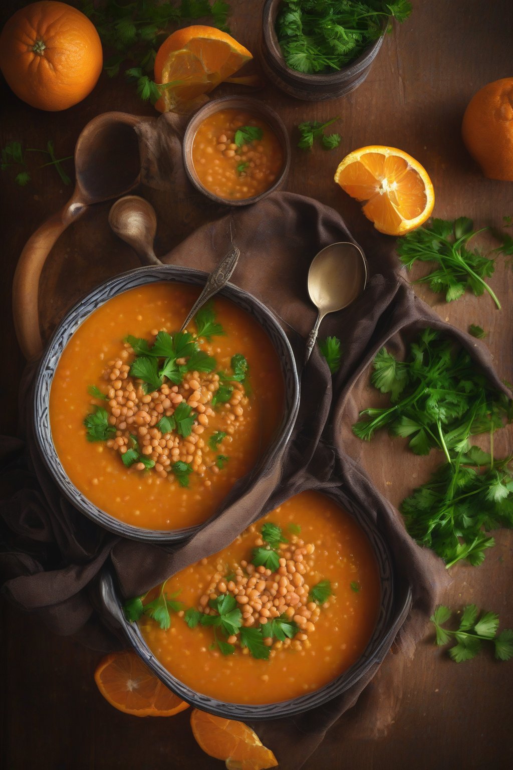 A high-resolution photo of a steaming bowl of vibrant orange classic red lentil soup garnished with fresh parsley, under soft lighting.