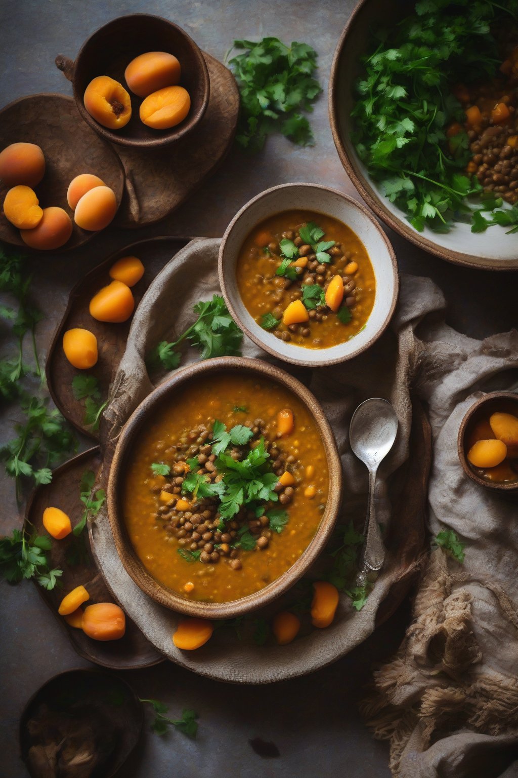A high-resolution photo of Moroccan-spiced lentil soup topped with chopped cilantro and apricots in a rustic bowl, under soft lighting.