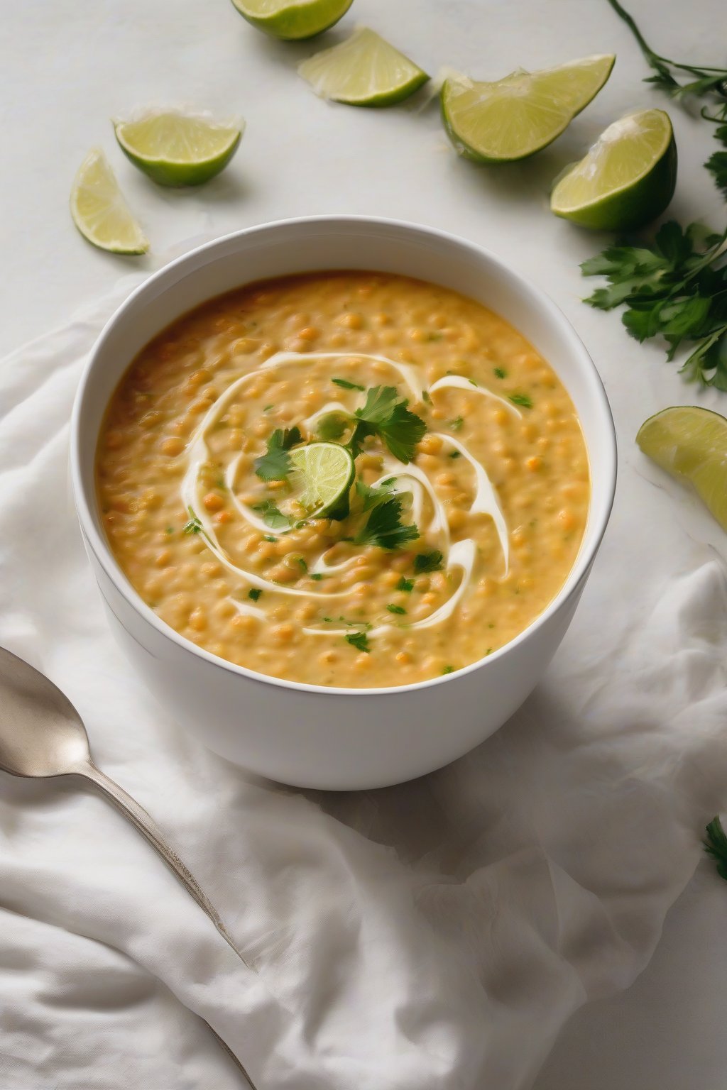 A high-resolution photo of smooth creamy coconut lentil soup swirled with lime zest in a white bowl, under soft lighting.