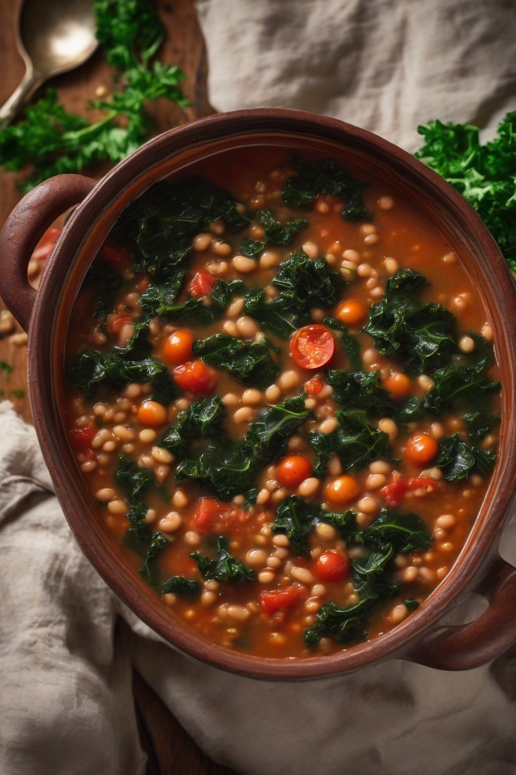 A high-resolution photo of hearty Italian lentil soup brimming with kale and tomatoes in a clay pot, under soft lighting.