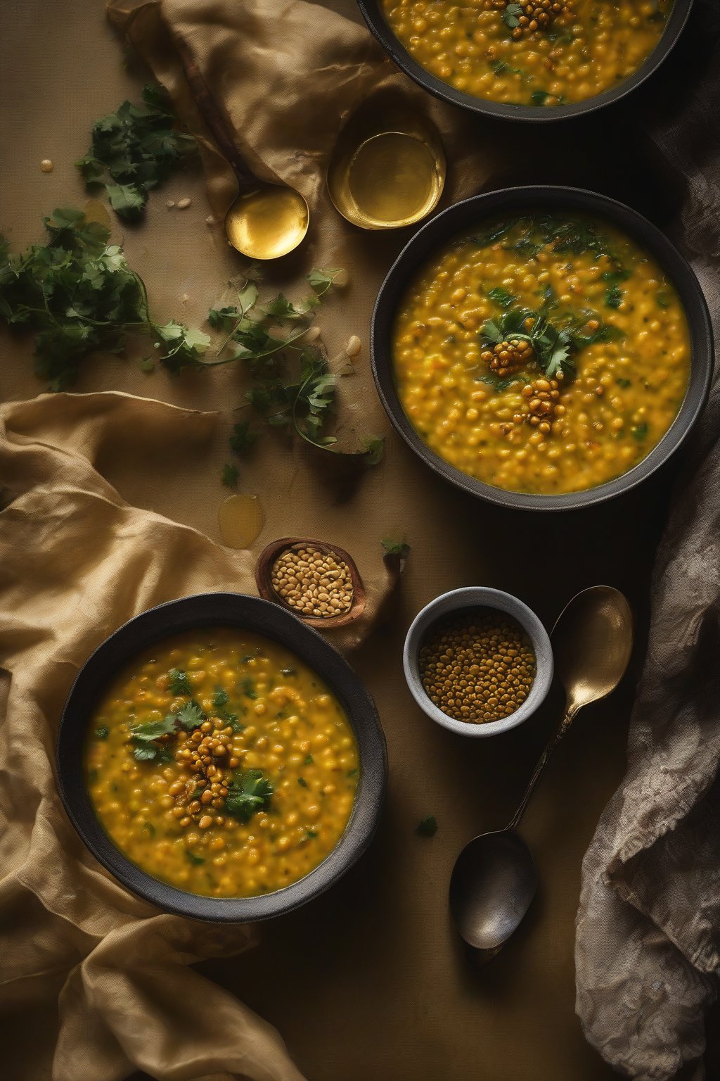 A high-resolution photo of golden dal tadka lentil soup with a glossy tempering oil drizzle, under soft lighting.