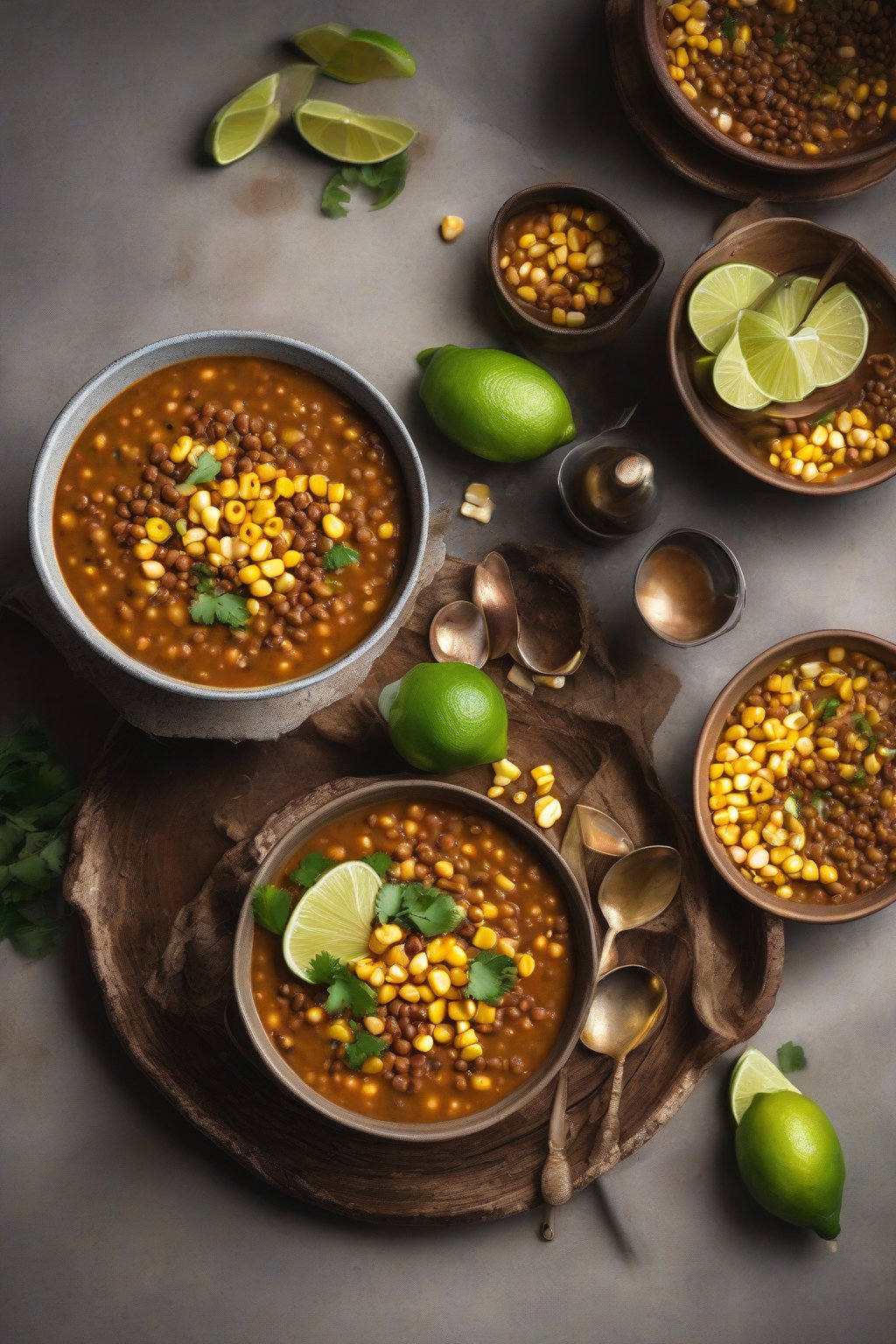 A high-resolution photo of smoky chipotle lentil soup with corn kernels and a lime wedge, under soft lighting.