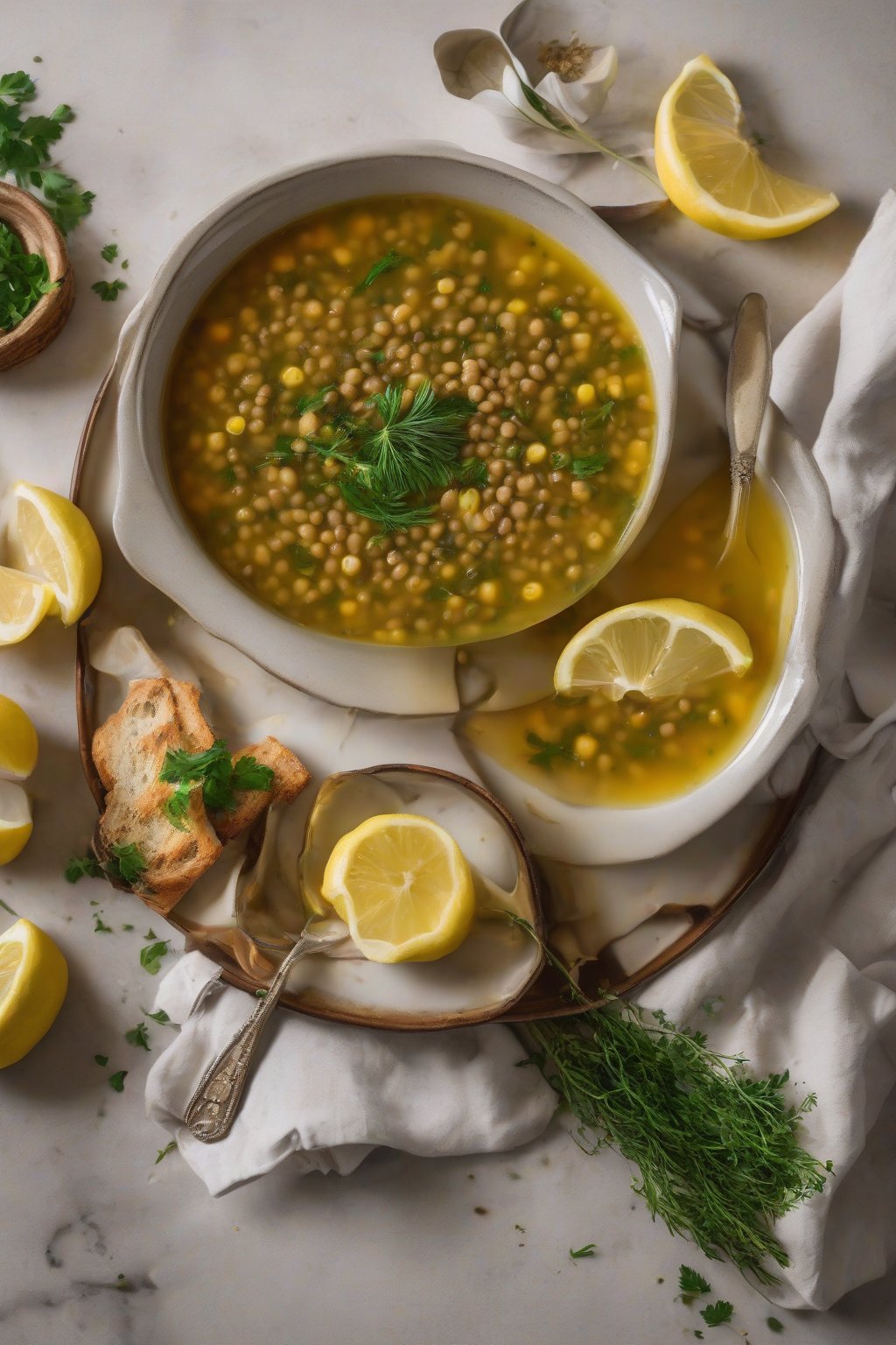 A high-resolution photo of lemony garlic lentil soup garnished with lemon slices and herbs, under soft lighting.