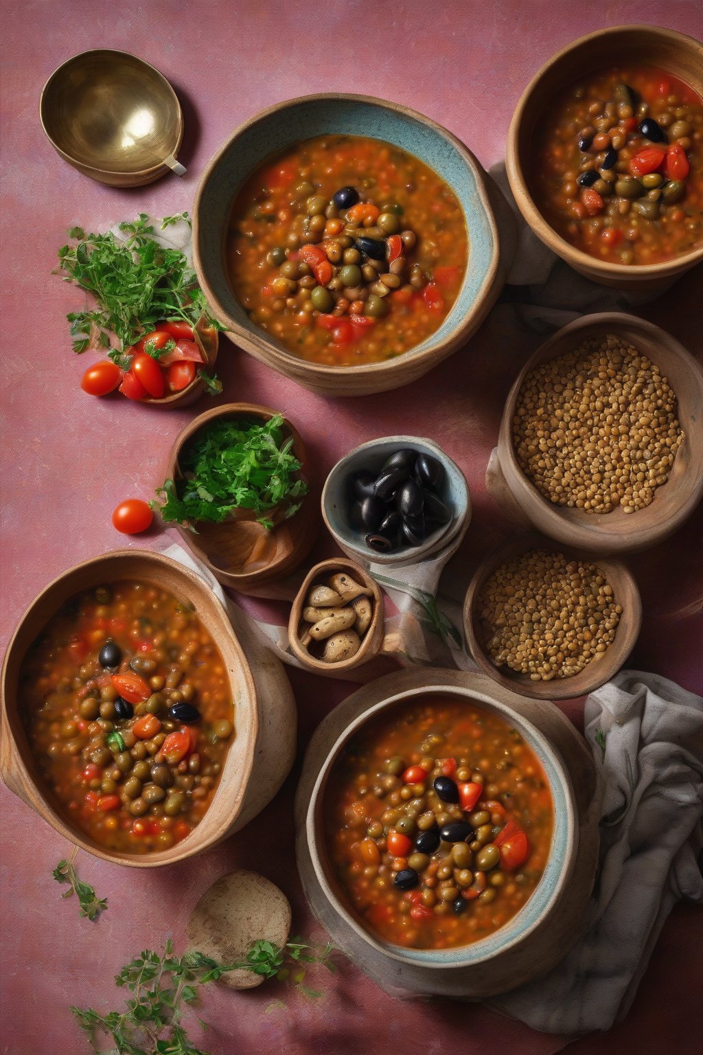 A high-resolution photo of Mediterranean lentil soup studded with olives and tomatoes in a vibrant bowl, under soft lighting.