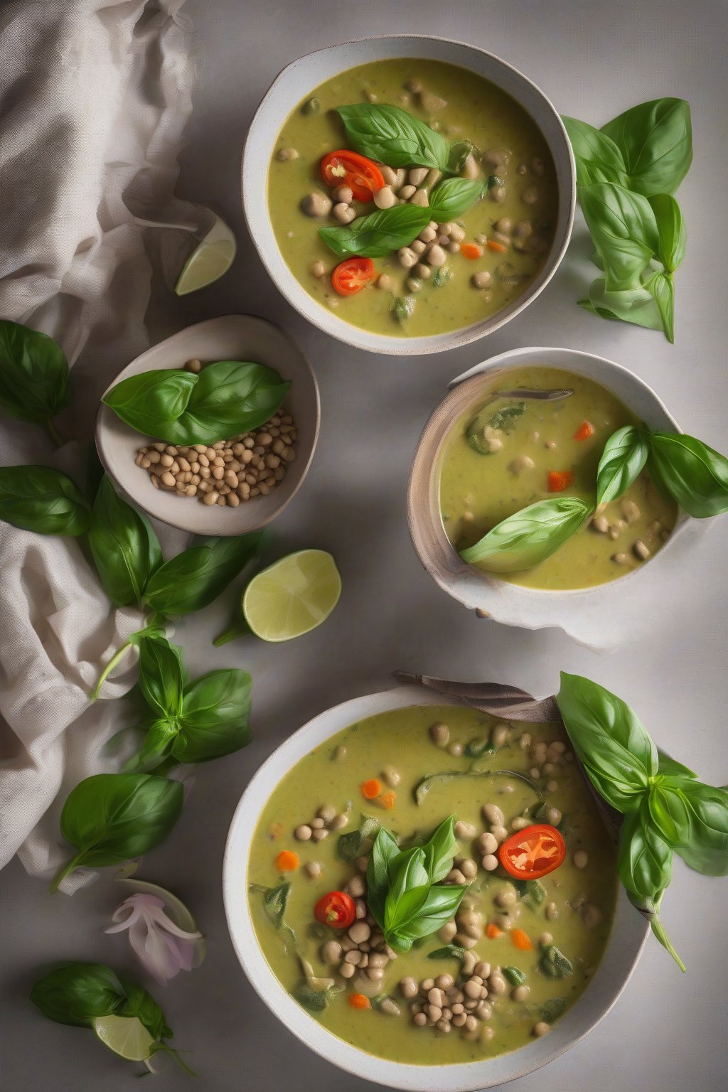 A high-resolution photo of aromatic Thai green curry lentil soup with fresh basil leaves, under soft lighting.