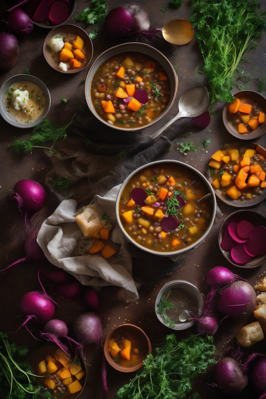 A high-resolution photo of chunky root vegetable lentil soup with colorful beets and herbs, under soft lighting.