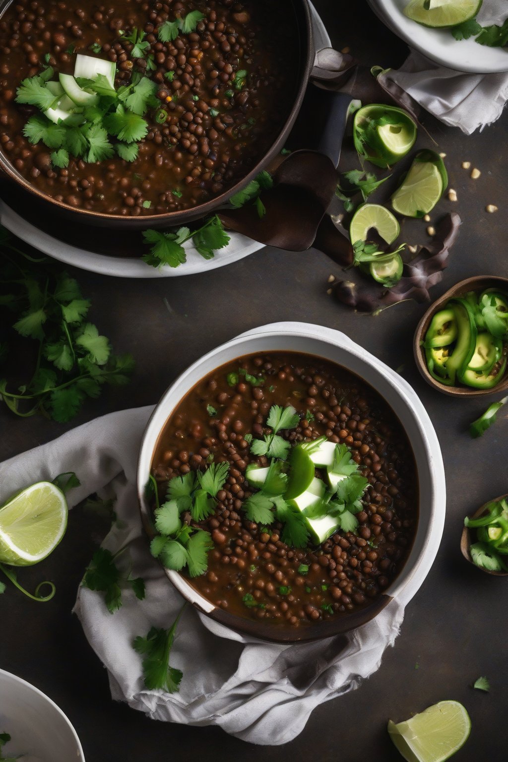 A high-resolution photo of spicy black lentil soup topped with fresh cilantro and jalapeño slices, under soft lighting.