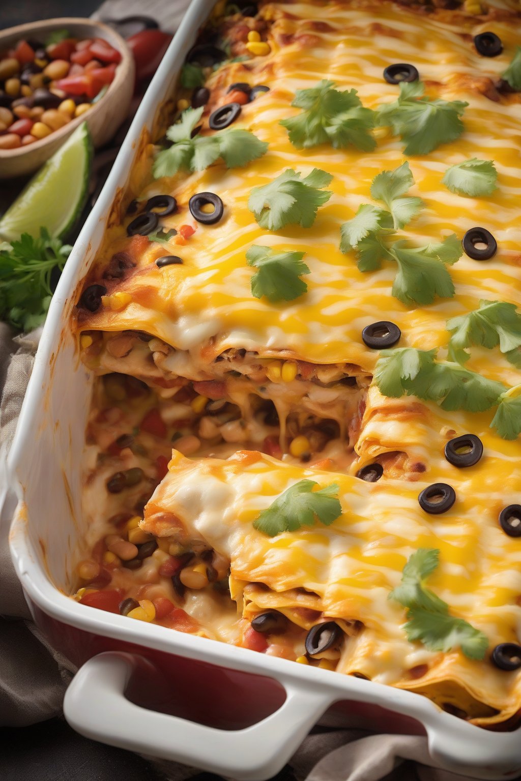 A high-resolution close-up photo of Mexican chicken lasagna, colorful tortilla layers with beans, corn, and melted cheese, under soft lighting.